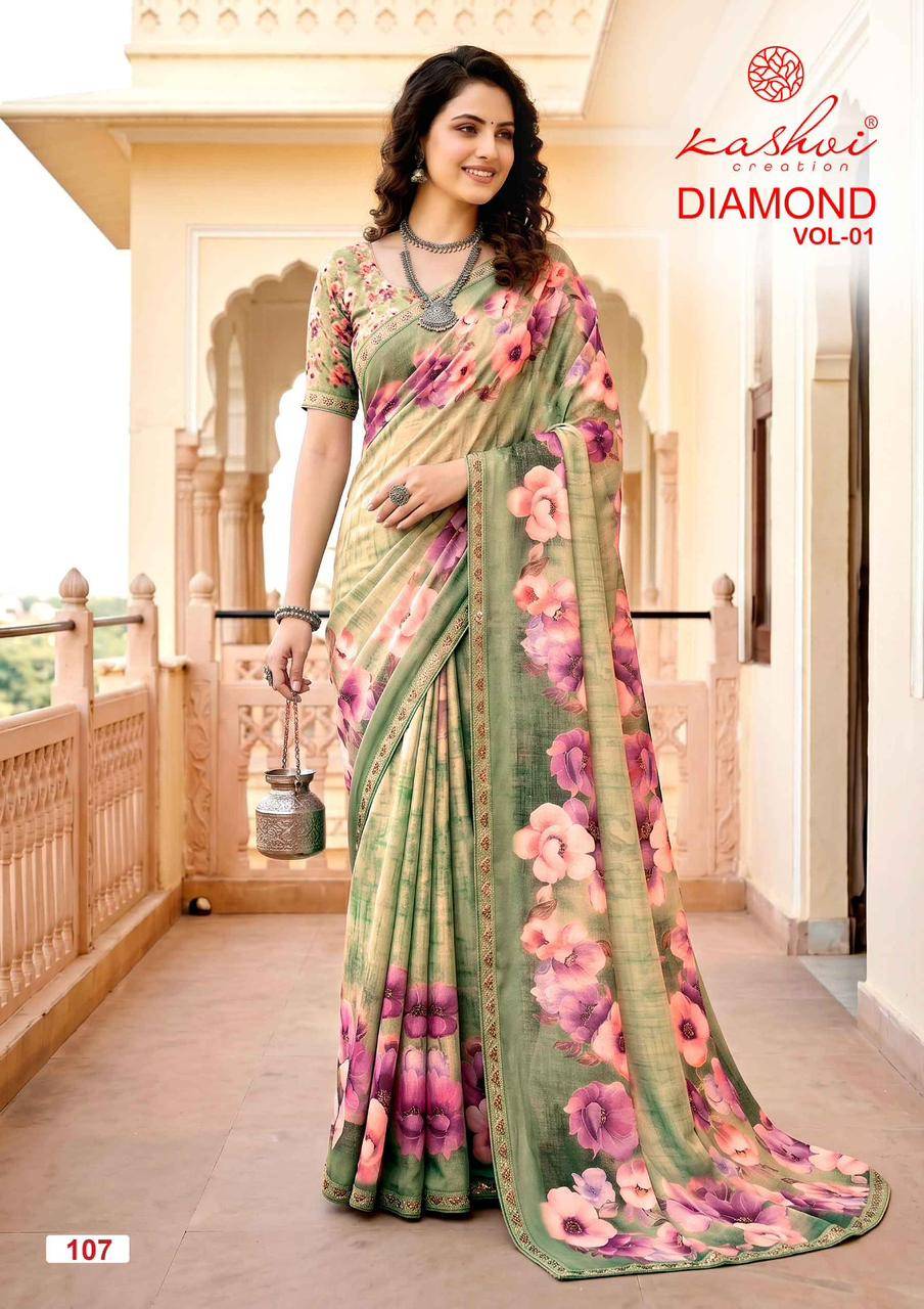 DIAMOND VOL 01 By KASHVI CREATION 101 To 108 Series Indian Traditional Wear DULL MOSS VISCOSE sarees At Wholesale Price